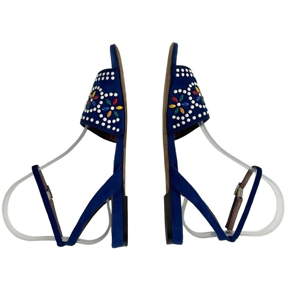 TABITHA SIMMONS GEOMETRIC STUDDED BLUE SUEDE LEATHER ANKLE WRAP SANDAL - Picture 8 of 13